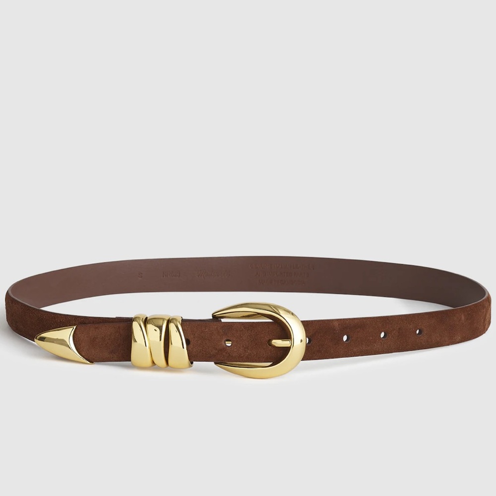 Madewell soft mahogany brown suede belt with gold buckle details. Size Small NEW